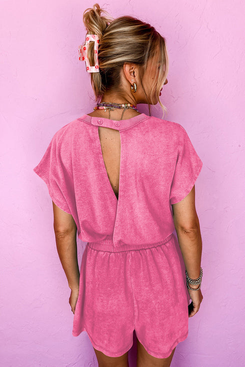 Edgy Casual Mineral Wash Short Sleeve Drawstring Cutout Back Romper